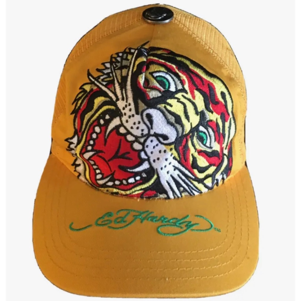 Ed Hardy Tiger Trucker Adjustable Hat Yellow Mesh in back, Embroidered Vintage